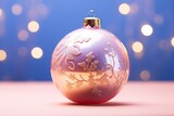 Elegant Christmas ornament reflecting soft lights, set against a blurred backdrop.