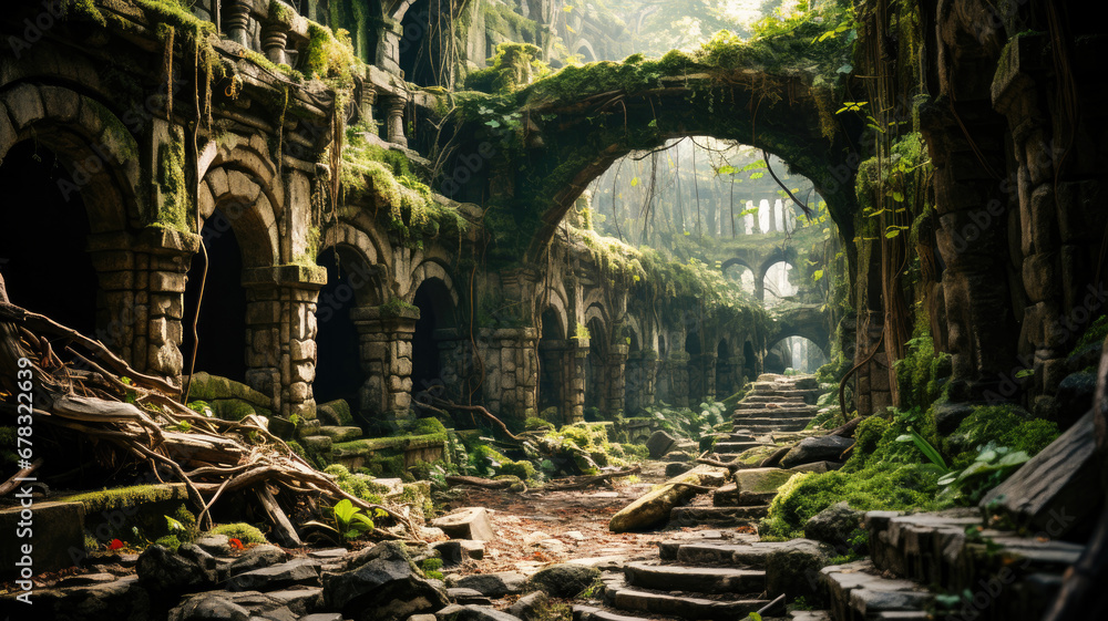 Mystical ancient ruins overgrown with moss and vines in a dense jungle ...