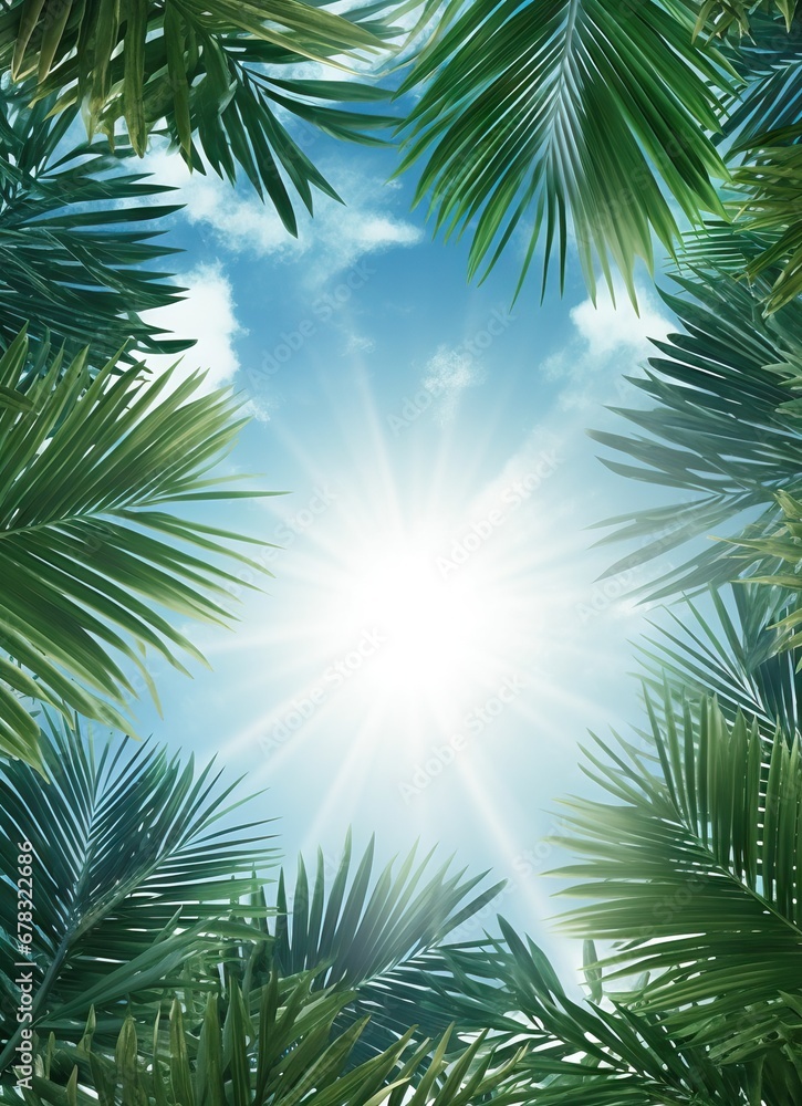 Palm leaves on blue sky background with sun rays. Palm leaves on blue sky background with sun rays.