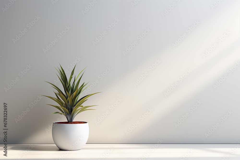 Empty modern apartment in minimalistic style with white wall, a potted plant and free space for product or text. Generative AI. Empty modern apartment in minimalistic style with white wall, a potted plant and free space for product or text. Generative AI.