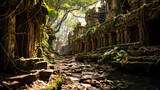Sunlight filters through a dense jungle illuminating the ancient temple ruins with overgrown foliage.