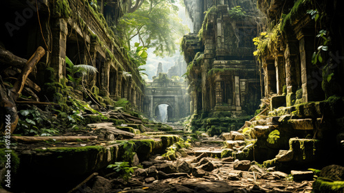 Majestic ancient temple ruins overgrown with green moss and surrounded by a lush tropical forest.