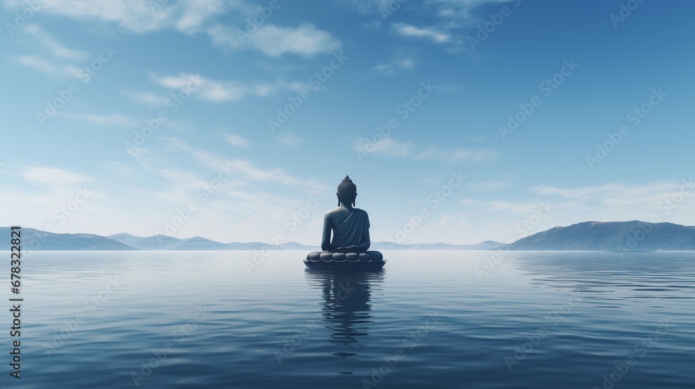 Tranquil Zen: Majestic Buddha Sculpture Amidst the Sea, AI Generated - obrazy, fototapety, plakaty 