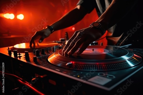 DJ mixing at turntables at the party