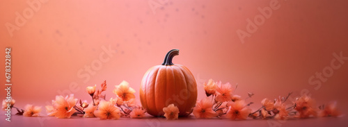 Autumnal Splendor: Halloween Pumpkin Adorned with Elegant Rose Straw Flowers AI generated