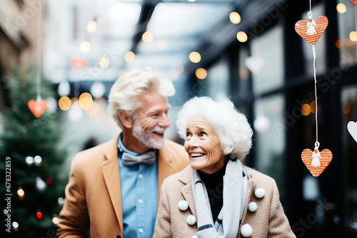 Joyful elderly couple with heart decorations and festive city lights
