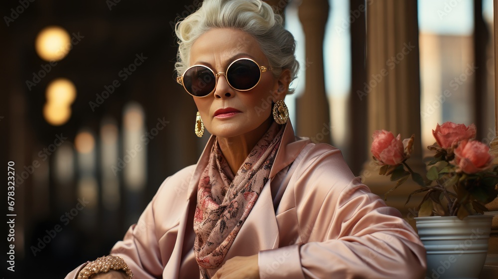 Fashionable elderly woman in style old money aesthetic. Portrait of elegant senior woman. Luxury, elegance, stealth wealth, sophistication