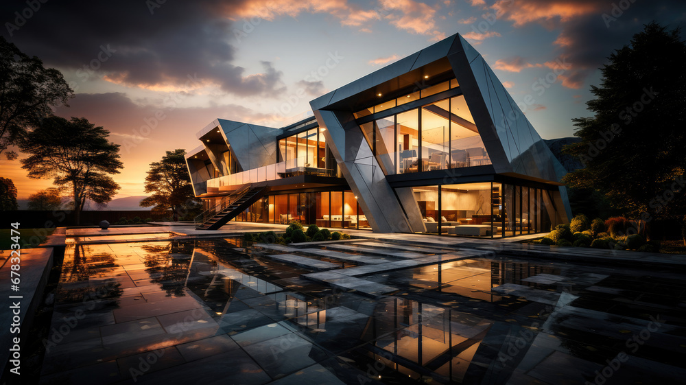 Luxurious modern mansion with glass facades glowing at sunset, featuring serene surroundings and a reflective pool.