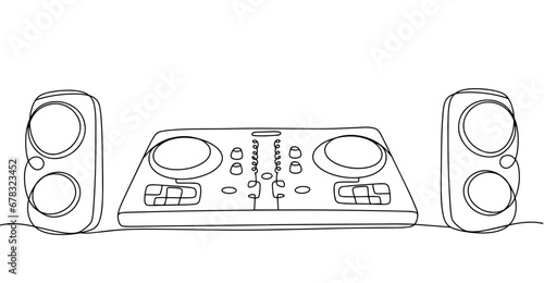 DJ console. Speakers. Music. One line