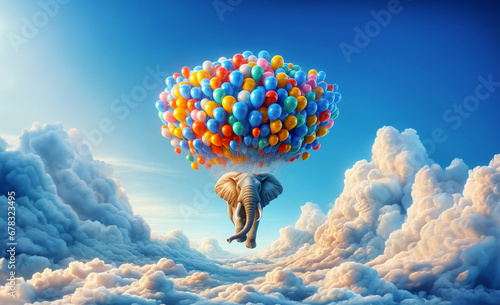 Huge elephant floating or flying hanging from balloons with sky and clouds background. Fantastic surreal fantasy illustration. Concept of freedom.Imagination.Surrealism. Dream. Banner copy space photo