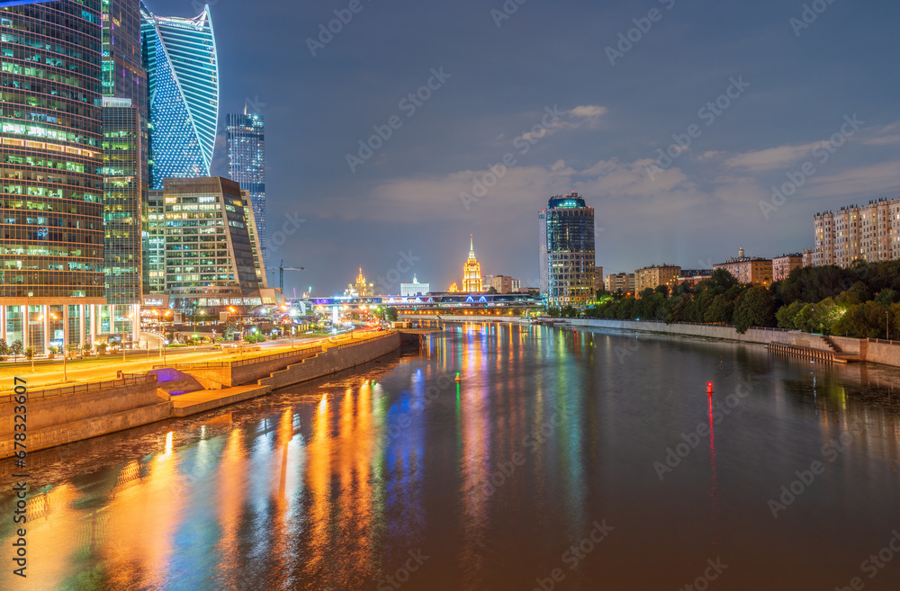 Moscow city at summer night. Modern skyscrapers in Moscow-city downtown. Moscow, Russia