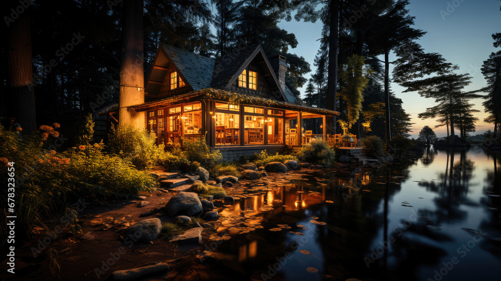 Warm, inviting cabin by a serene lake at sunset, surrounded by a tranquil forest.