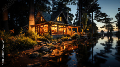 Warm  inviting cabin by a serene lake at sunset  surrounded by a tranquil forest.