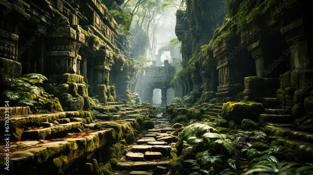 A breathtaking image of ancient ruins overgrown with lush moss in a dense jungle, evoking a sense of mystery and adventure. A breathtaking image of ancient ruins overgrown with lush moss in a dense jungle, evoking a sense of mystery and adventure.