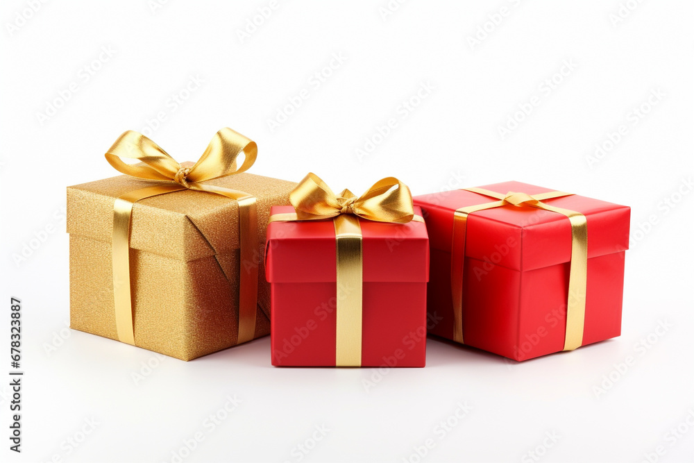 Gift boxes tied with ribbons isolated on a white background. Congratulatory, New Year or Christmas background. Gift boxes tied with ribbons isolated on a white background. Congratulatory, New Year or Christmas background.