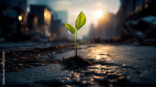 A green sprout against a blurred cityscape. A small plant growing against the background of buildings or factories. The concept of nature, the struggle for life in a polluted environment
