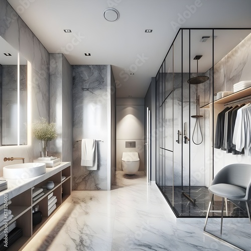 A stylish bathroom with a sleek shower, marble countertops, and a walk-in closet