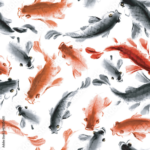 Seamless pattern with japanese koi carps in traditional sumi-e style. Can be used for wallpaper, pattern fills, textile, web page background, surface textures.