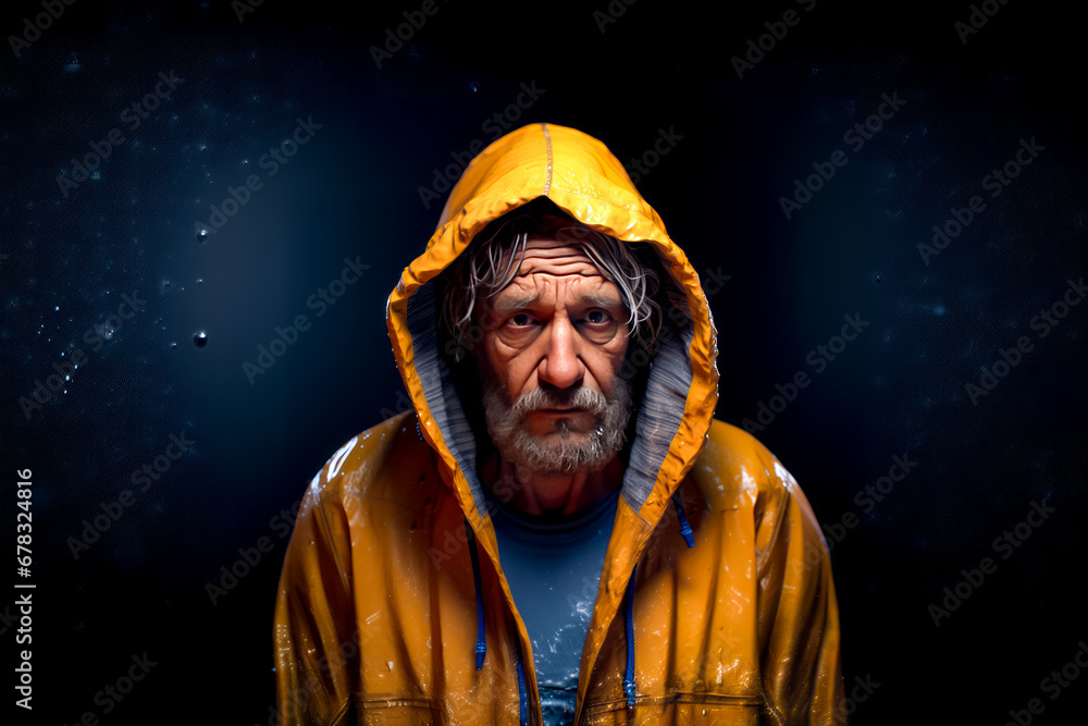 Painting of man in yellow raincoat looking at the camera. Painting of man in yellow raincoat looking at the camera.