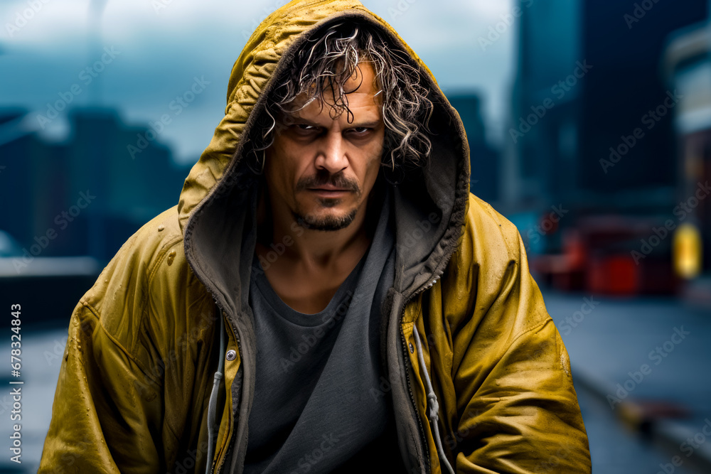 Man wearing yellow jacket and black shirt is looking at the camera. Man wearing yellow jacket and black shirt is looking at the camera.