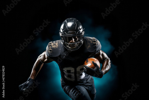American football player close-up at the stadium in the light of floodlights with smoke