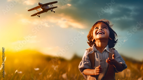 Little girl standing in field with bunch of airplanes flying overhead. photo