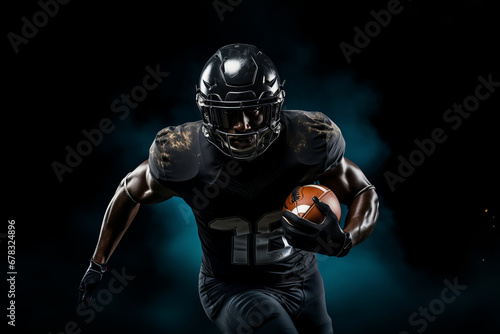 American football player close-up on a black background wearing a helmet