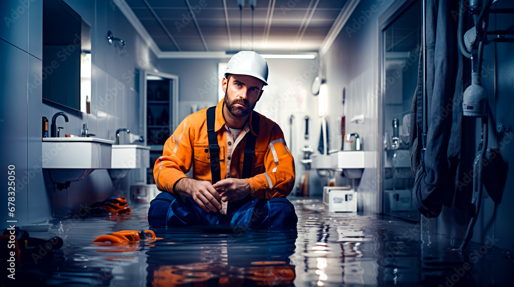 Man wearing hard hat and overalls sitting on the floor of bathroom.