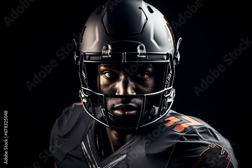 American football player close-up on a black background wearing a helmet