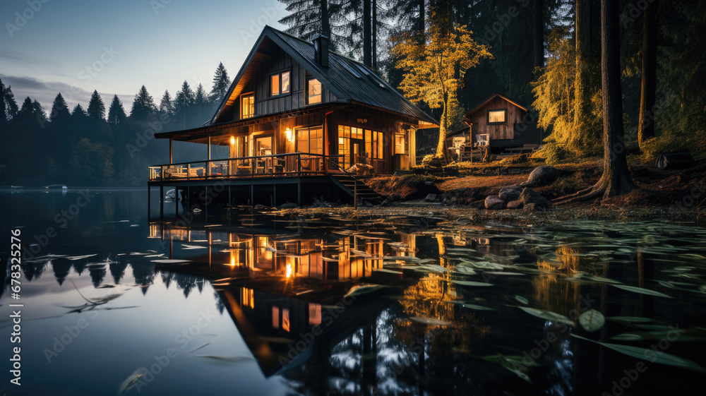 Serene lake house with glowing lights reflected on calm water at twilight, surrounded by a tranquil forest. Serene lake house with glowing lights reflected on calm water at twilight, surrounded by a tranquil forest.