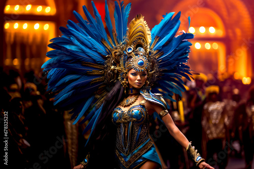 Woman dressed in blue and gold costume with feathers on her head.