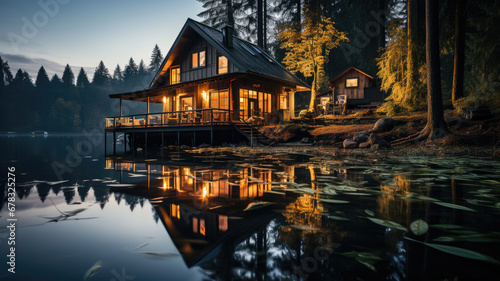 Serene lake house with glowing lights reflected on calm water at twilight, surrounded by a tranquil forest.