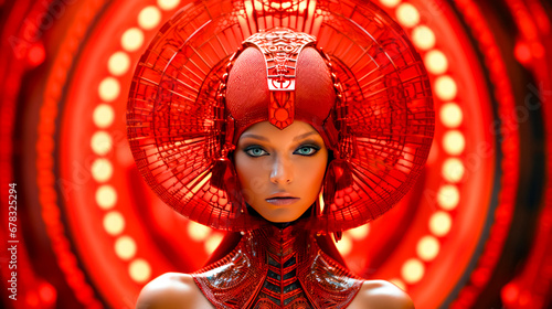 Mannequin with red hat and red lights behind her head.