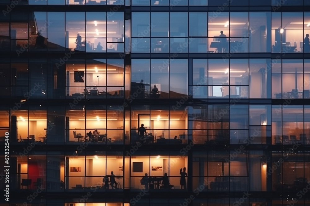 Building's facade. Multi-storey building made of glass and steel with people. Building's facade. Multi-storey building made of glass and steel with people.