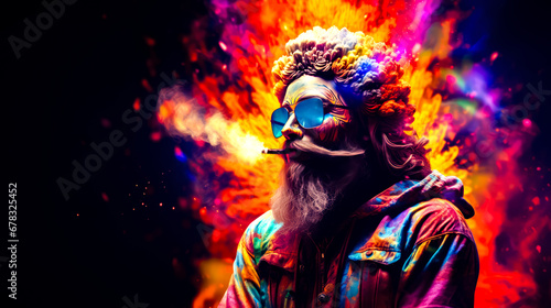 Man with long beard and glasses on his face with colorful smoke coming out of his mouth.