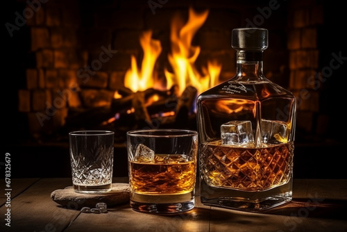A bottle of whiskey and a glass on a wooden table against the backdrop of a fireplace. AI generated.