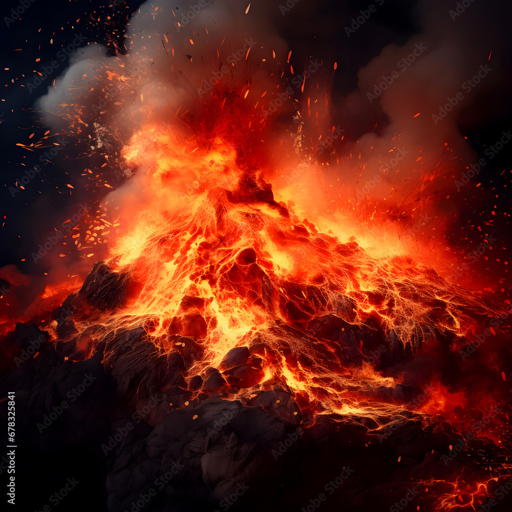 Magma flows out of a huge volcano crater