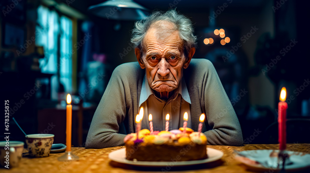 Man sitting at table in front of cake with lit candles. Man sitting at table in front of cake with lit candles.