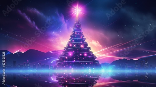 Generative AI, Christmas tree in cyberpunk style, futuristic nostalgic 80s, 90s. Neon lights vibrant colors.