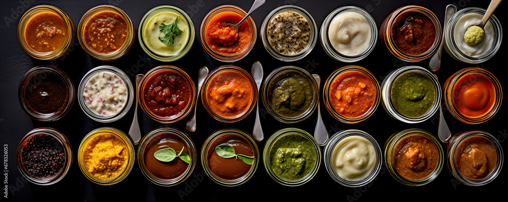 chutney set or collection in bowls on black background, top view, chutney set or collection in bowls on black background, top view,