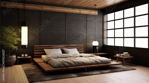Bedroom decor, home interior design . Contemporary Japanese style with Accent Wall decorated with Wood and Stone material . Generative AI AIG26.