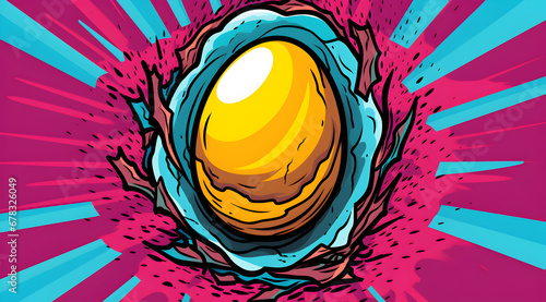 Explosive pop art Easter egg with vibrant splashes. Colourful illustration of unusually coloured easter egg. Great for innovative postcards