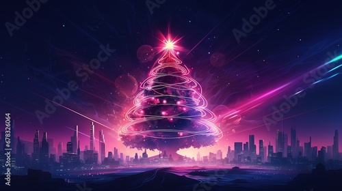 Generative AI  Christmas tree in cyberpunk style  futuristic nostalgic 80s  90s. Neon lights vibrant colors.