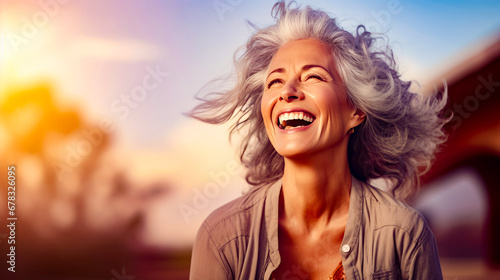 Smiling woman with grey hair and brown shirt is looking up at the sky.