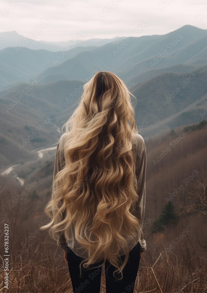 Fototapeta premium Woman with long wavy blond hairs with nature in background. Dense long blonde hair rear view