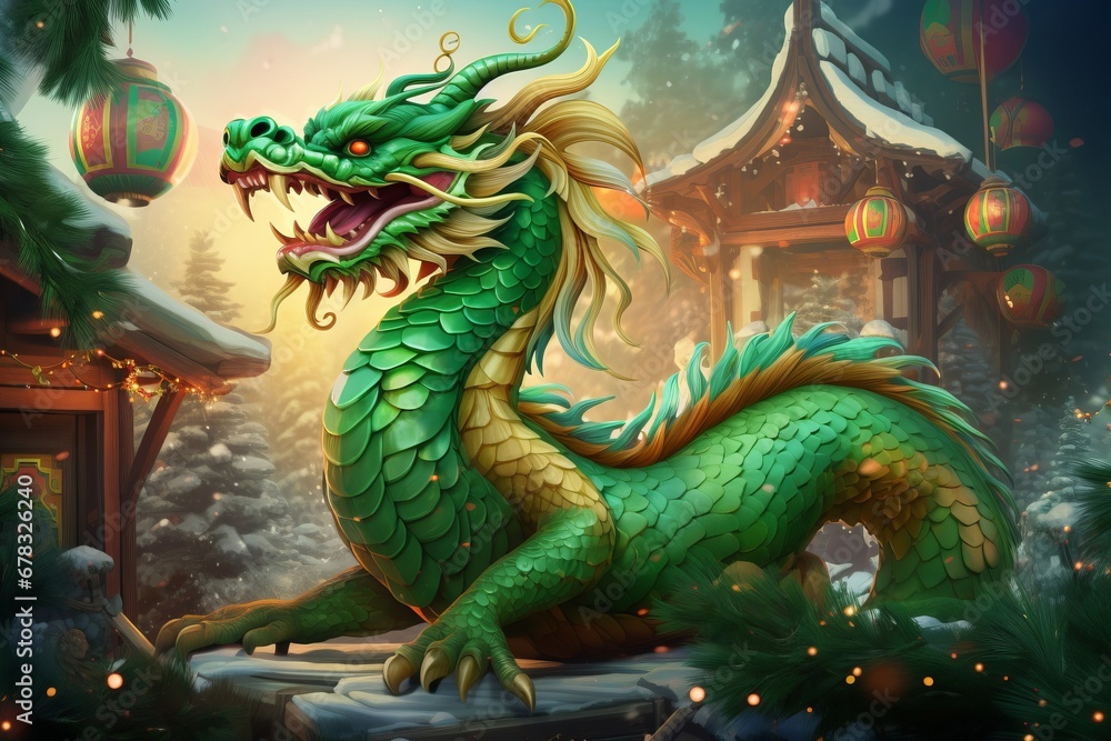 Obraz premium Fabulous cartoon green wooden dragon symbol of the 2024 New Year. The symbol of the Chinese Asian New Year.