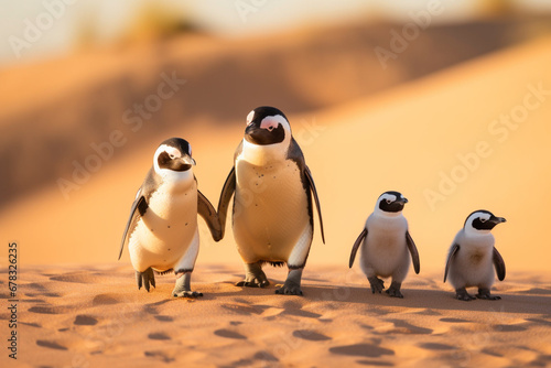 A family, a group of penguins are walking through the desert.