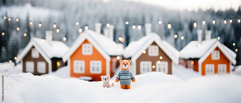 Stuffed toy bears in front of charming snow-covered houses with festive lights