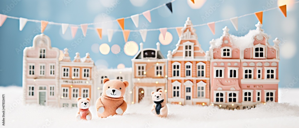 Stuffed teddy bears in a whimsical winter scene with miniature snowy houses