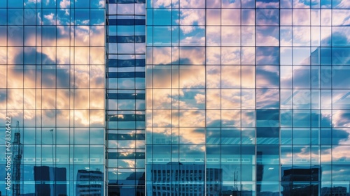 Office building with many windows reflect cloud and sky  creative architecture photot. Generative AI image weber.